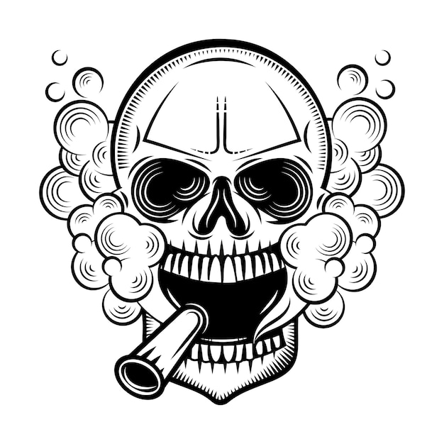 Нарисованный вручную человеческий череп курит сигару и носит солнцезащитные очки на заднем плане вектор