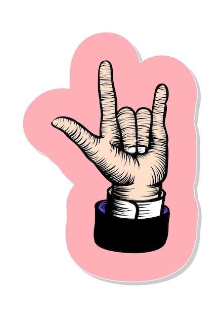 Vector hand drawn i love you finger gesture in woodcut in sticker style vector illustration