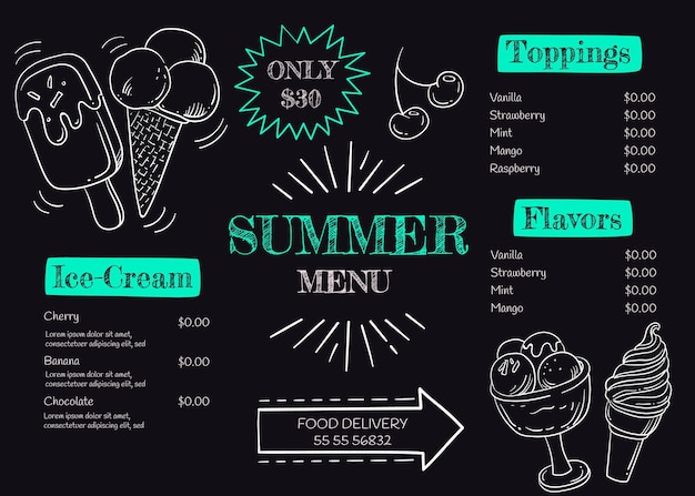 Vector hand drawn ice cream blackboard menu template