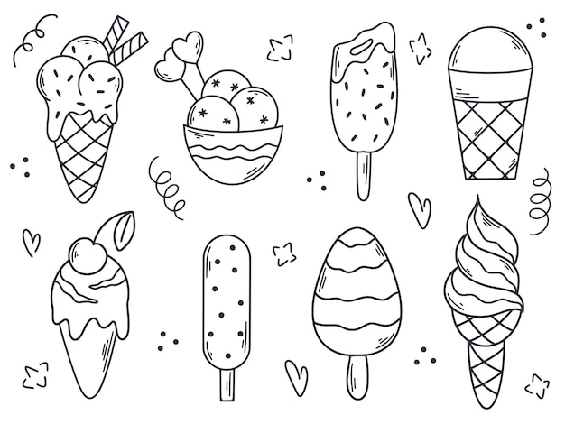 Hand drawn ice cream of different types set