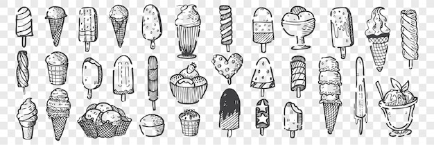 Vector hand drawn ice cream doodle set.