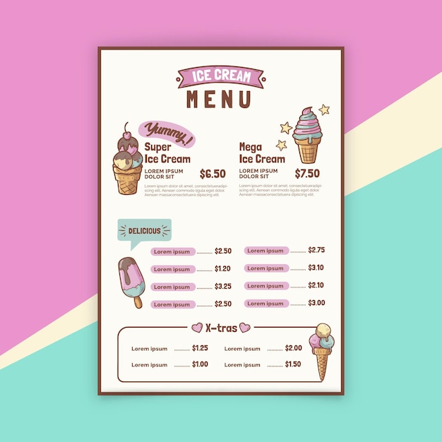 Vettore modello di menu gelato disegnato a mano