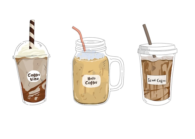 手描きアイスコーヒーコレクションイラスト プレミアムベクター
