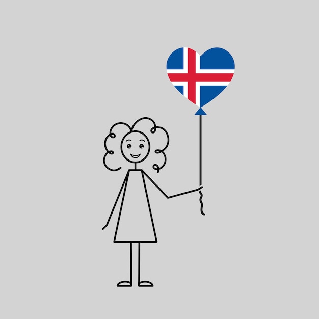 手描きのアイスランドの女の子愛アイスランド スケッチ ハート形のバルーン黒線ベクトル図と巻き毛の女の子