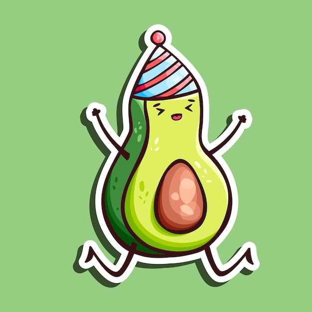 Hand drawn icon of cute kawaii avocado in party hat in doodle style.