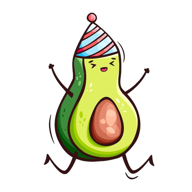 Hand drawn icon of cute kawaii avocado in party hat in doodle style.