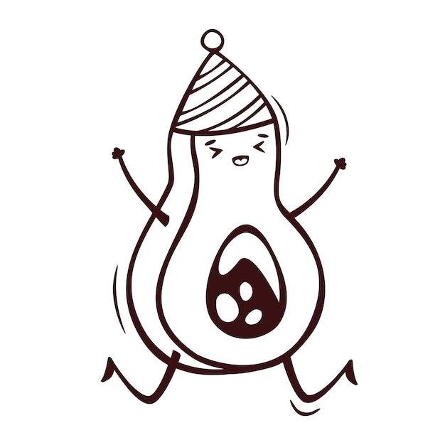 Vettore icona disegnata a mano di carino kawaii avocado con cappello da festa in stile doodle.