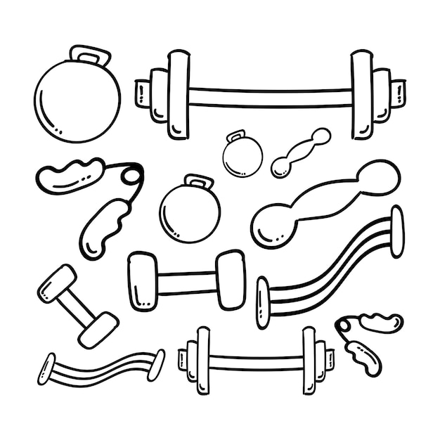 Vector hand drawn icon featuring fitness equipment such as dumbbells ideal for use in any design project
