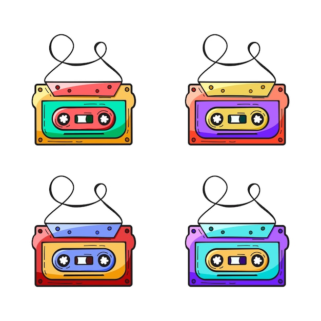 Set di icone disegnate a mano di cassette audio in stile doodle