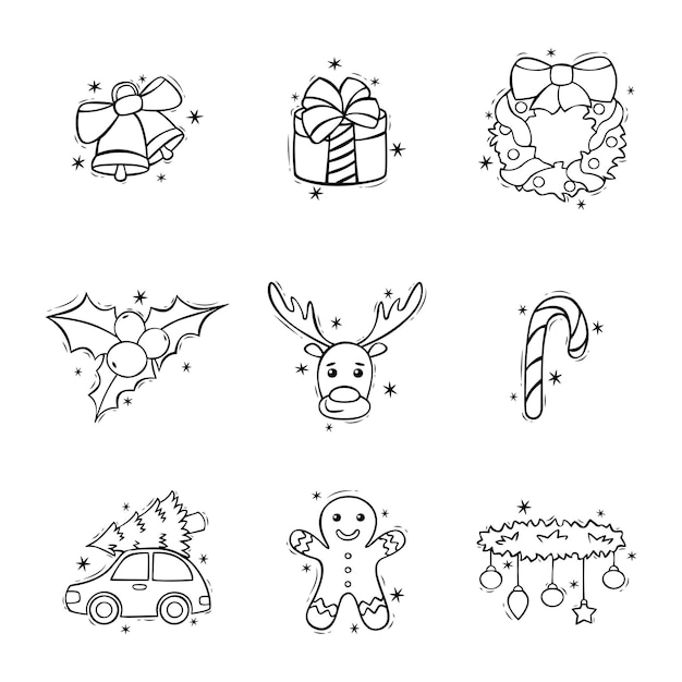 Set di icone disegnate a mano di decorazioni natalizie in stile scarabocchio scarabocchi di natale e capodanno