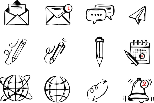 Hand drawn icon set of message writing sending receiving preparation
