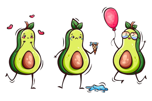 Вектор Ручной набор иконок милых кавайских авокадо в стиле каракулей симпатичные авокадо наклейки иконки талисманы