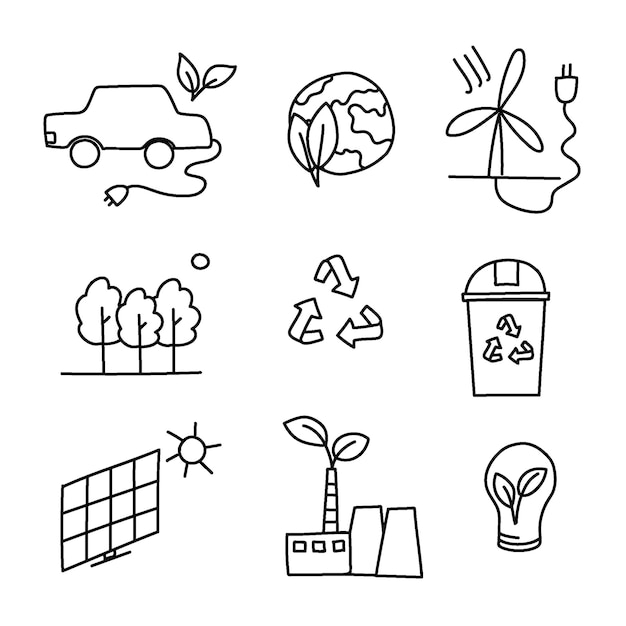 Hand drawn icons about ecology, energy economy