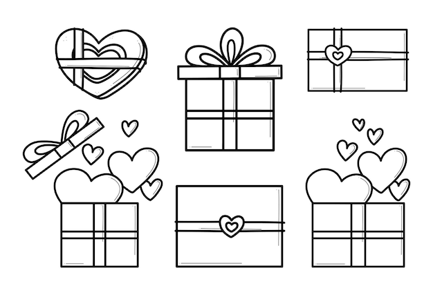 Hand drawn icons gifts with hearts in doodle style Cartoon present box set with bows