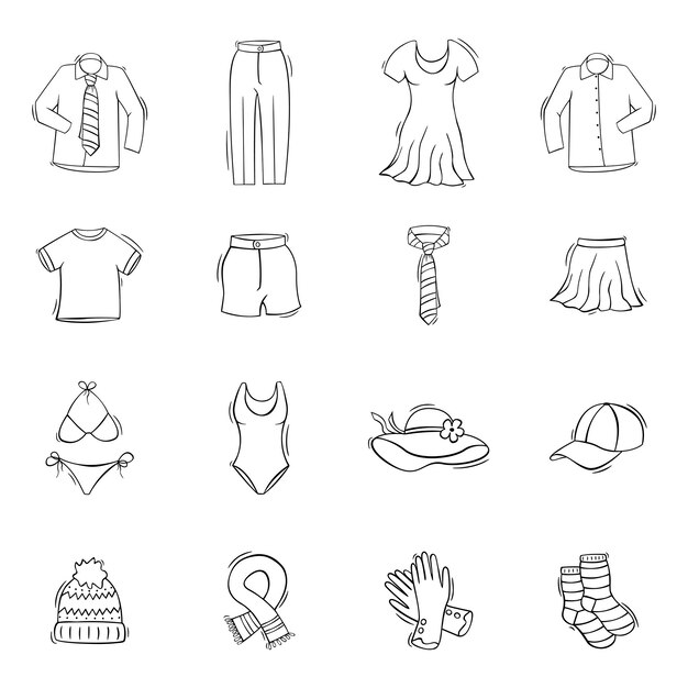 Hand drawn icons set of clothes and accessories in doodle sketch style