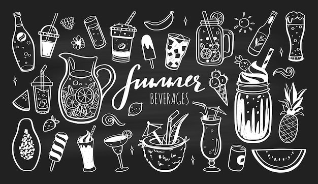 Hand drawn icons set of cold drinks summer cocktails and beverages with fruits