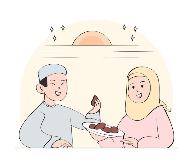 식사를하는 젊은 부부와 함께 손으로 그린 Iftar 그림