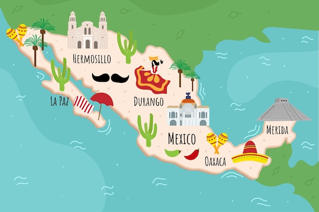 Vector hand drawn illustrated map of mexico with main landmarks and plants