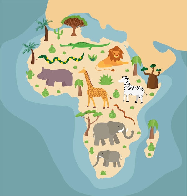 ベクトル 固有の木の植物とマダガスカル島を含むアフリカの手描きのイラストマップ
