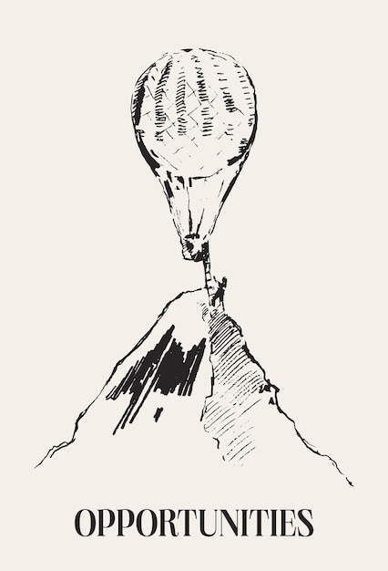 Hand drawn illustration of air balloon flying over the mountains
