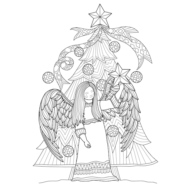 Рисованная иллюстрация ангела и новогодней елки