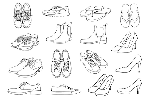 Vettore illustrazione disegnata a mano di scarpe assortite scarpe da corsa scarpe da ginnastica tacchi alti infradito adatto