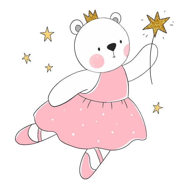 Hand drawn illustration of ballerina bear in a pink dress