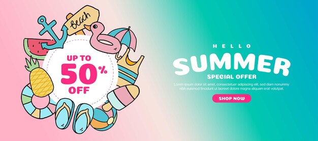 Vector hand drawn illustration banner for summer season