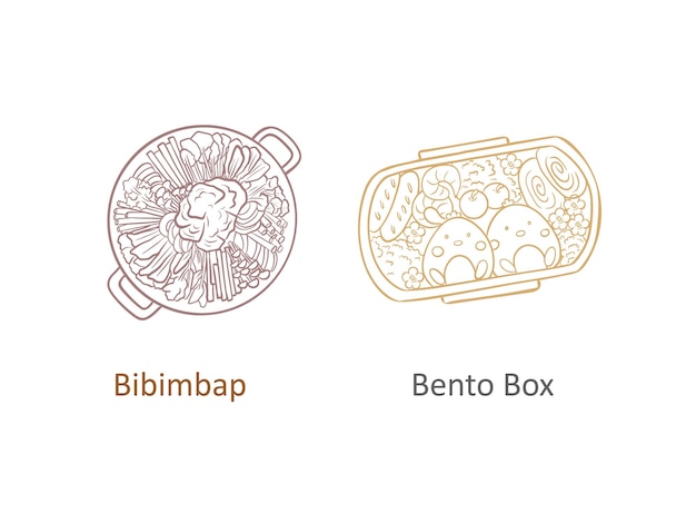 Vector hand drawn illustration of bibimbap and rice box