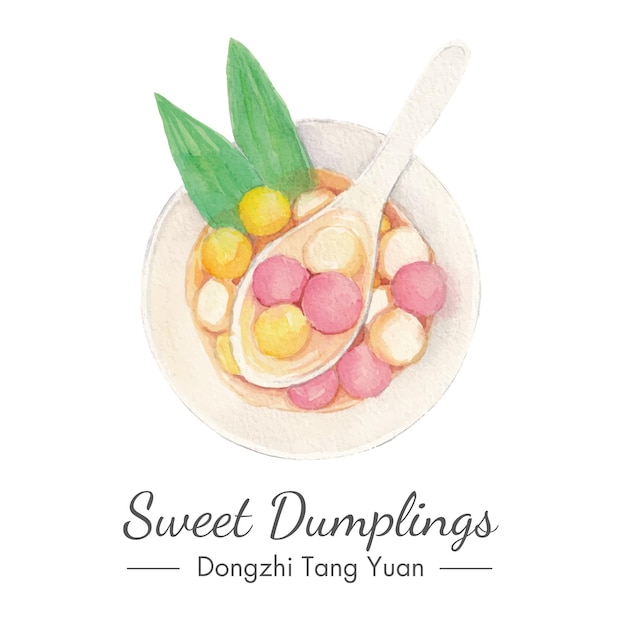 Vector a hand drawn illustration of a bowl of dumplings with a spoon and a leaf of green leaves.