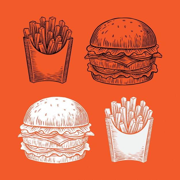 Hand drawn illustration of burger & fries