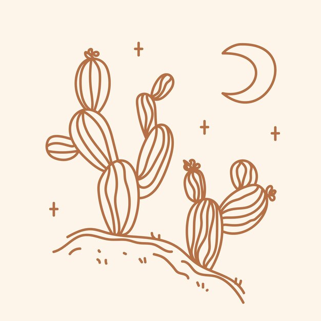 Vector hand drawn illustration of a cactus in the desert in boho style