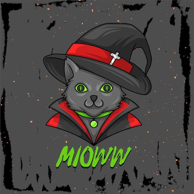 Hand drawn illustration of a cat in a witch costume for helloween