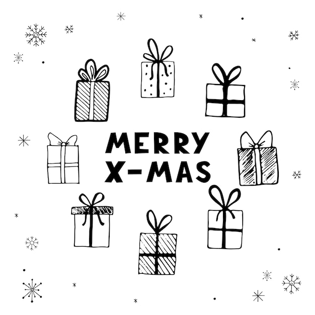 クリスマスギフトボックスの手描きイラスト、メリークリスマステキストを提示します。カード、ステッカー、アイコンのスケッチスタイルのデザインを落書きします。インク筆ペンで描かれたベクトルイラスト。