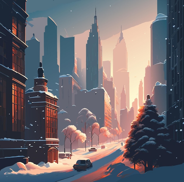 hand drawn illustration city view in winter