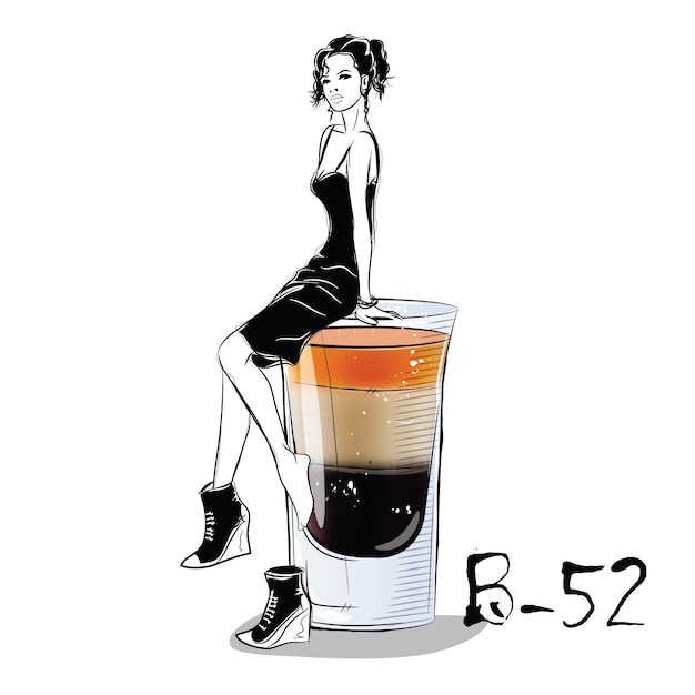 Hand drawn illustration of cocktail with girl. b 52. vector illustration