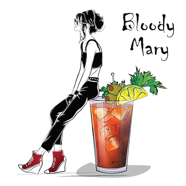 Рисованной иллюстрации коктейля с девушкой. Кровавая Мэри. Векторная иллюстрация