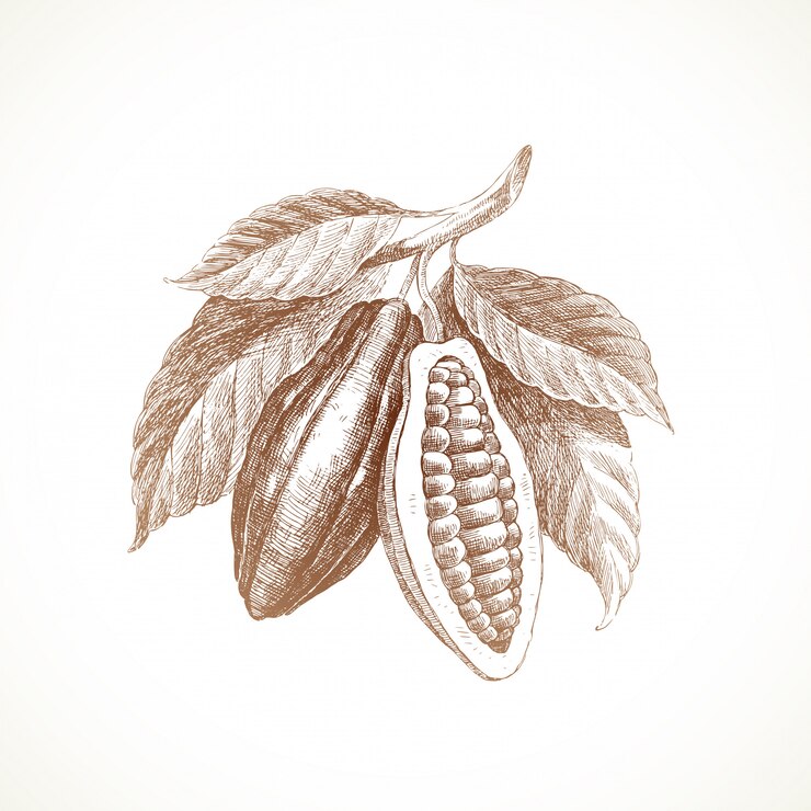 Hand drawn illustration - Cocoa beans with leaves.