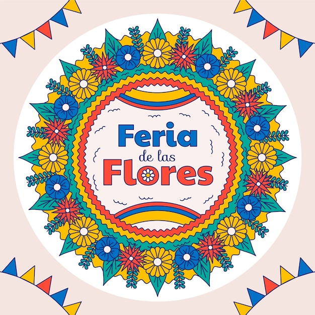 コロンビアのフェリア・デ・ラス・フローレスのお祝いの手描きイラスト