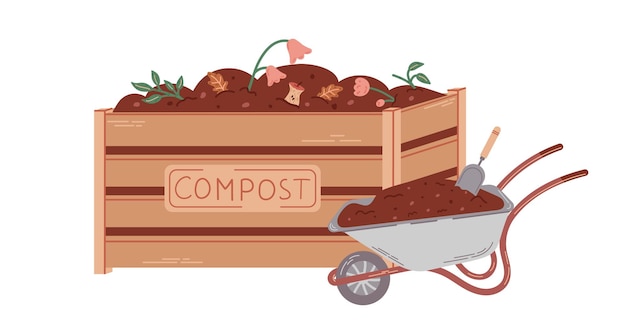 hand drawn illustration of compost box with wheelbarrow collection of bio waste for recycling