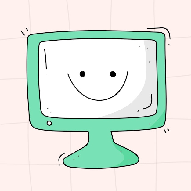 Hand drawn illustration of a computer with a smile in the style of 90's 80's on a checkered background