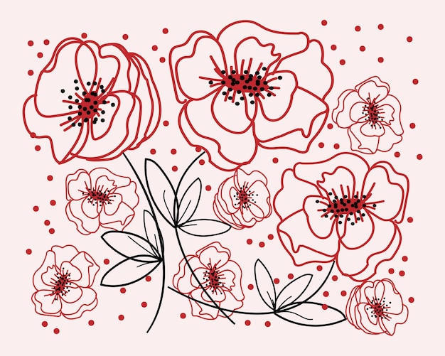 hand drawn illustration contour red poppies black leaves on a blurred pink background