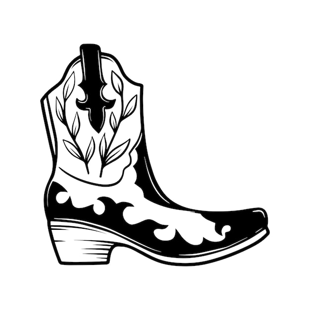 Hand drawn illustration of cowboy boot isolated on white background. design element for poster, card, banner, t shirt, emblem, sign. vector illustration