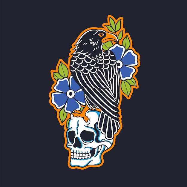 Vector hand drawn illustration of crow and skull