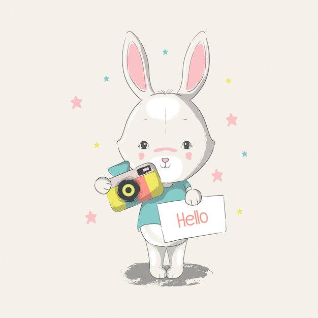  hand drawn illustration of a cute baby bunny with camera.