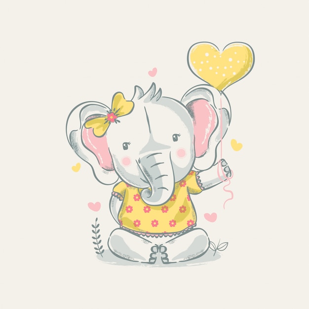 Illustrazione disegnata a mano di un elefante sveglio del bambino con l'aerostato.