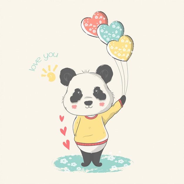 Illustrazione disegnata a mano di un simpatico baby panda con palloncini.