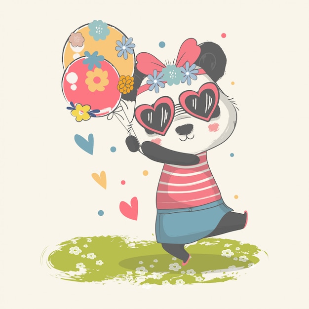 hand drawn illustration of a cute baby panda with balloons.