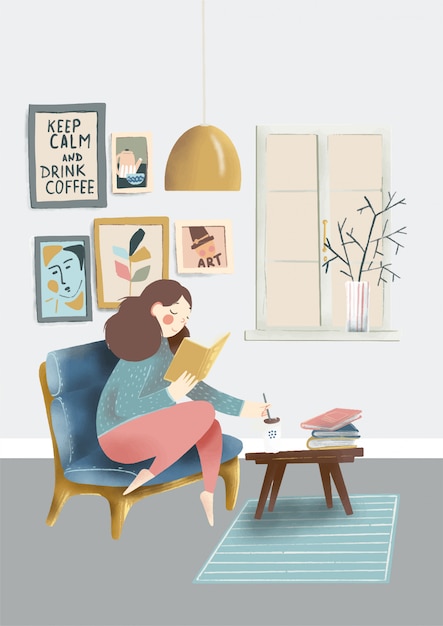 Hand drawn illustration of cute cartoon girl with cup of coffee and book