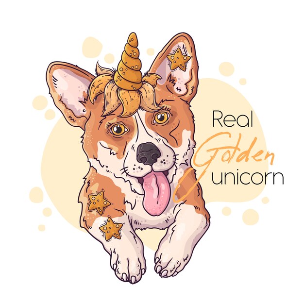 Hand drawn illustration of the cute corgi with a magic unicorn horn